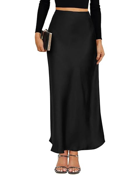 Women's Satin High Waisted Maxi Skirts Hidden Elasticized Waistband A Line Long Skirt | Amazon (US)