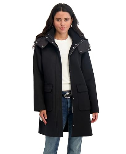 TAHARI Women's Double-Faced Wool Blend Zip Front Coat with Detachable Hood & Cargo Pockets, 34" Length, Black, X-Large | Amazon (US)