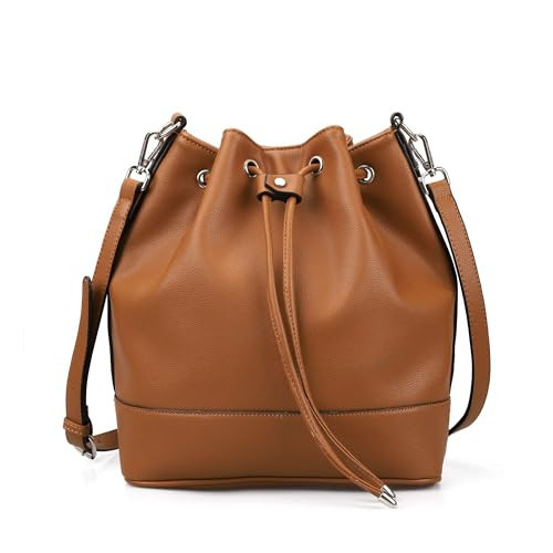 AFKOMST Leather Bucket Bags and Drawstring Crossbody Purse for Women Medium Tote and Hobo Handbags with 2 Shouder Straps | Amazon (US)