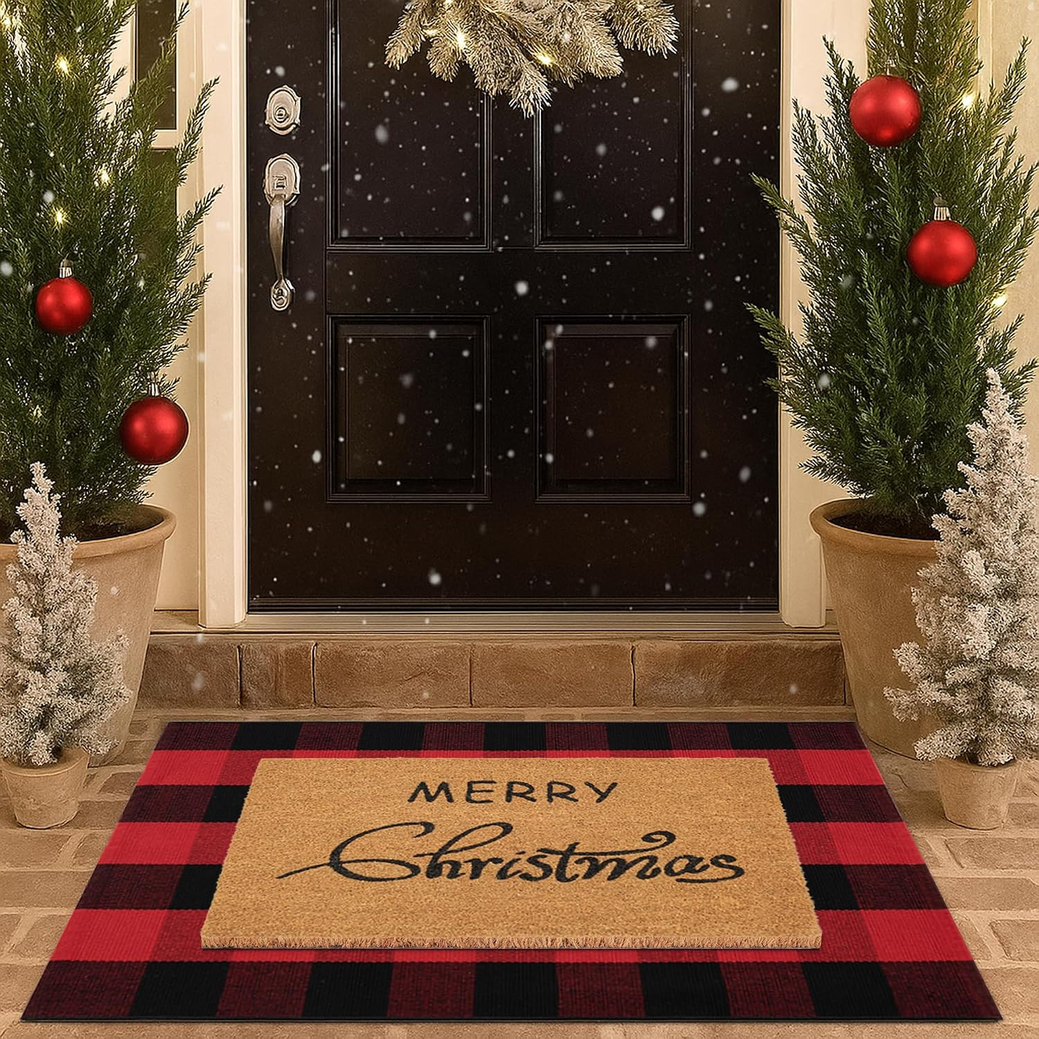 Christmas Door Mat Combo Set - 100% Coco Coir Welcome Mat + 28 x 43 Inch Red and Black Plaid Rug, New Year Holiday Christmas Collection Doormat for Front Porch Entryway Decorative | Amazon (US)
