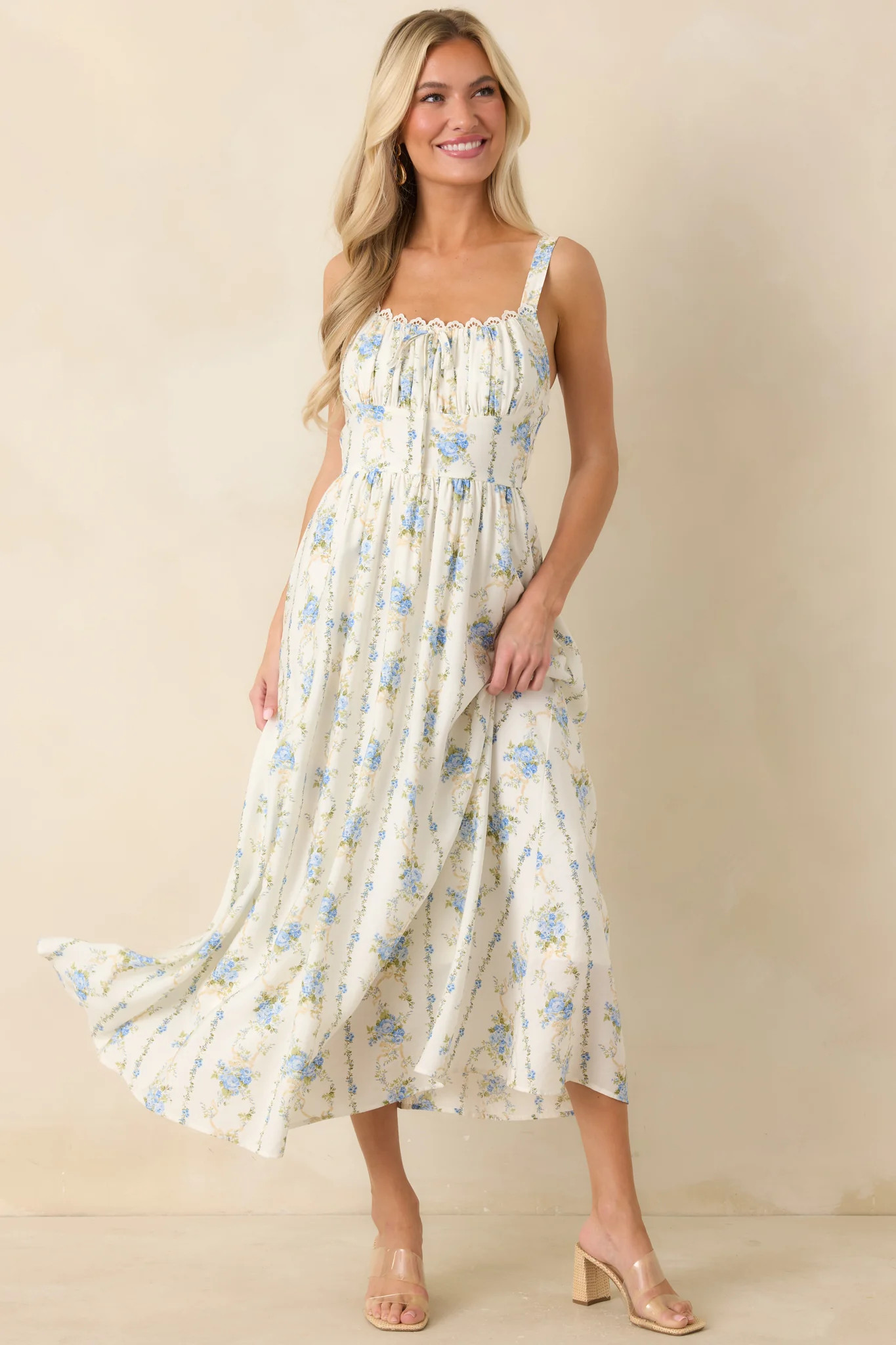 Daisy Chain Darling Light Blue Floral Print Midi Dress | Red Dress