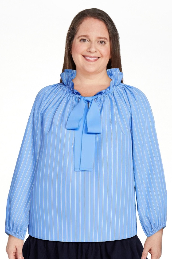 Free Assembly Women's Ruffle Tie Neck Cotton Top with Long Puff Sleeves, Sizes XS-XXL | Walmart (US)