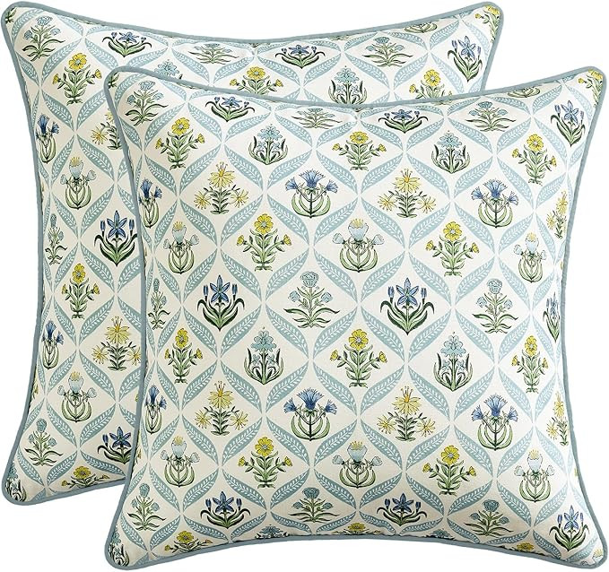 MIULEE Floral Throw Pillow Covers 18x18 Set of 2 Light Blue Spring Decorative Block Print Cotton ... | Amazon (US)