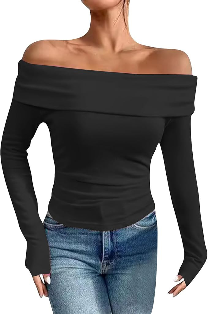Women's Off The Shoulder Tops Summer Long Sleeve Slim Fit Shirts Stretchy Ruched Bodycon Blouse Y... | Amazon (US)