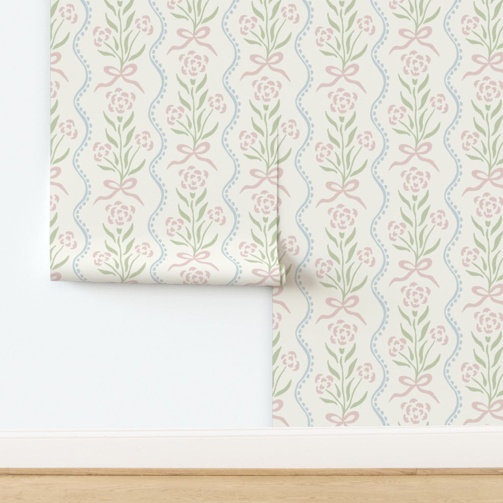 Wallpaper in Marigold preppy grandmillennial floral wavy stripe bows pink blue green | Spoonflower