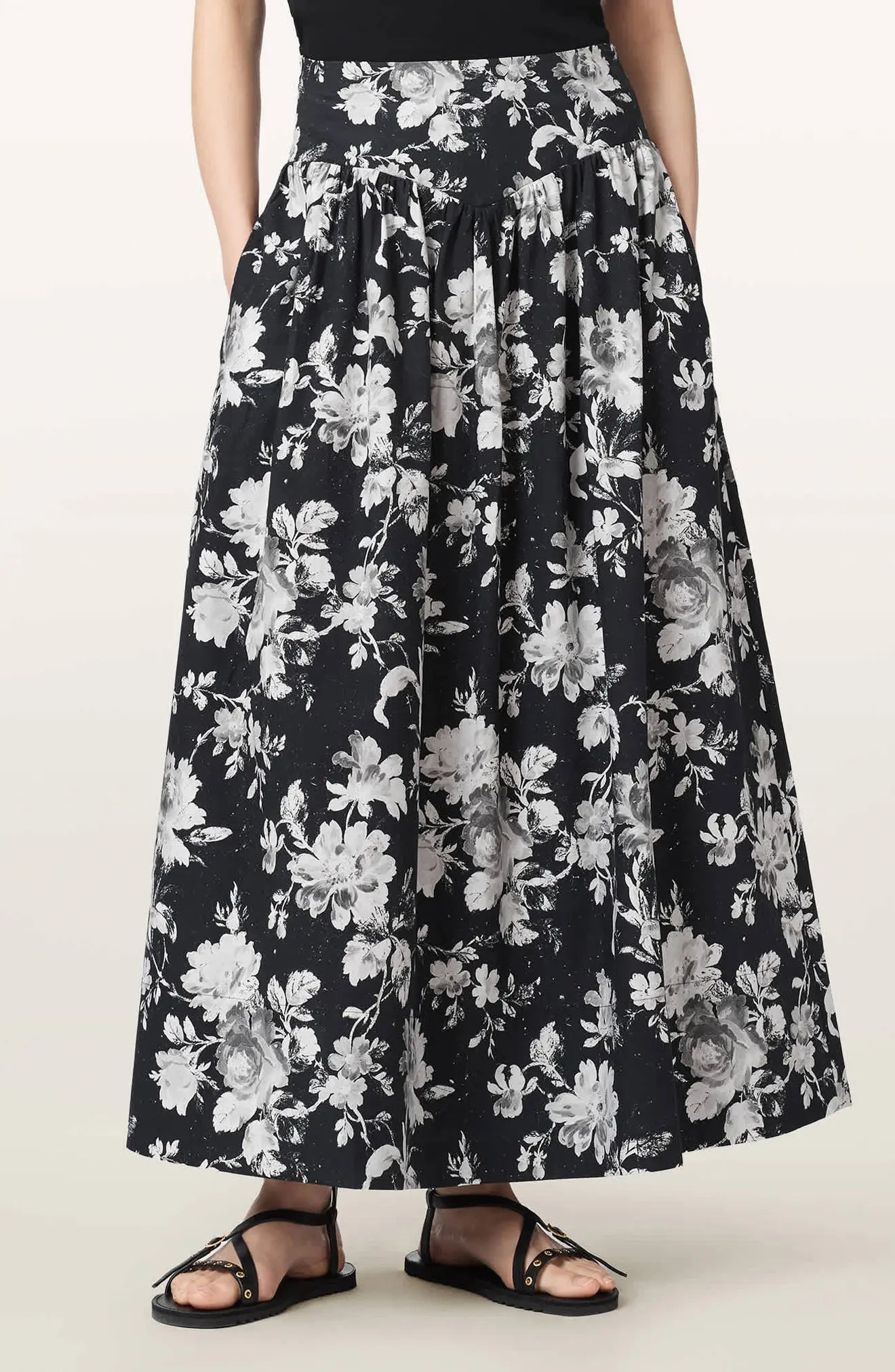 AllSaints Levy Floral Print A-Line Skirt in Jardina Mono Black at Nordstrom, Size 8 Us | Nordstrom