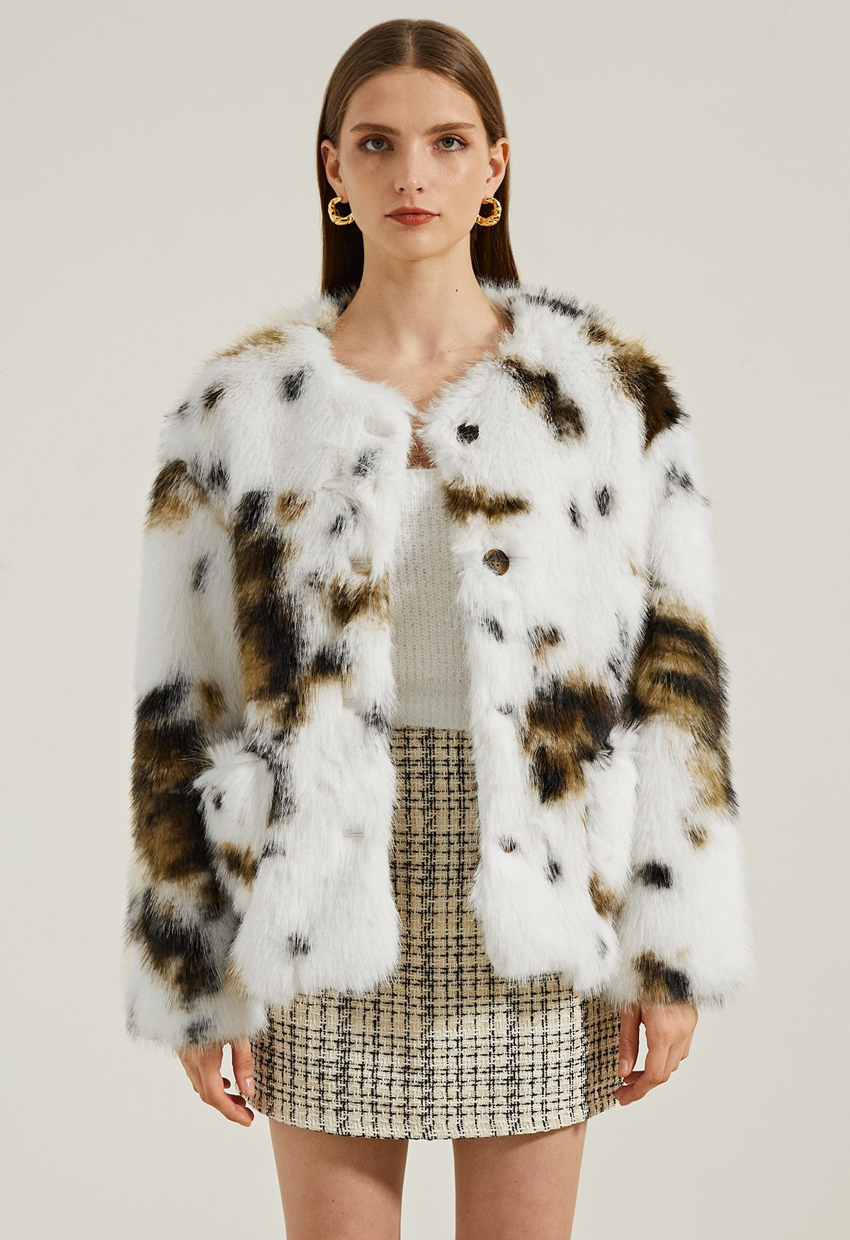 Collarless Spots Print Faux Fur Coat | Chicwish