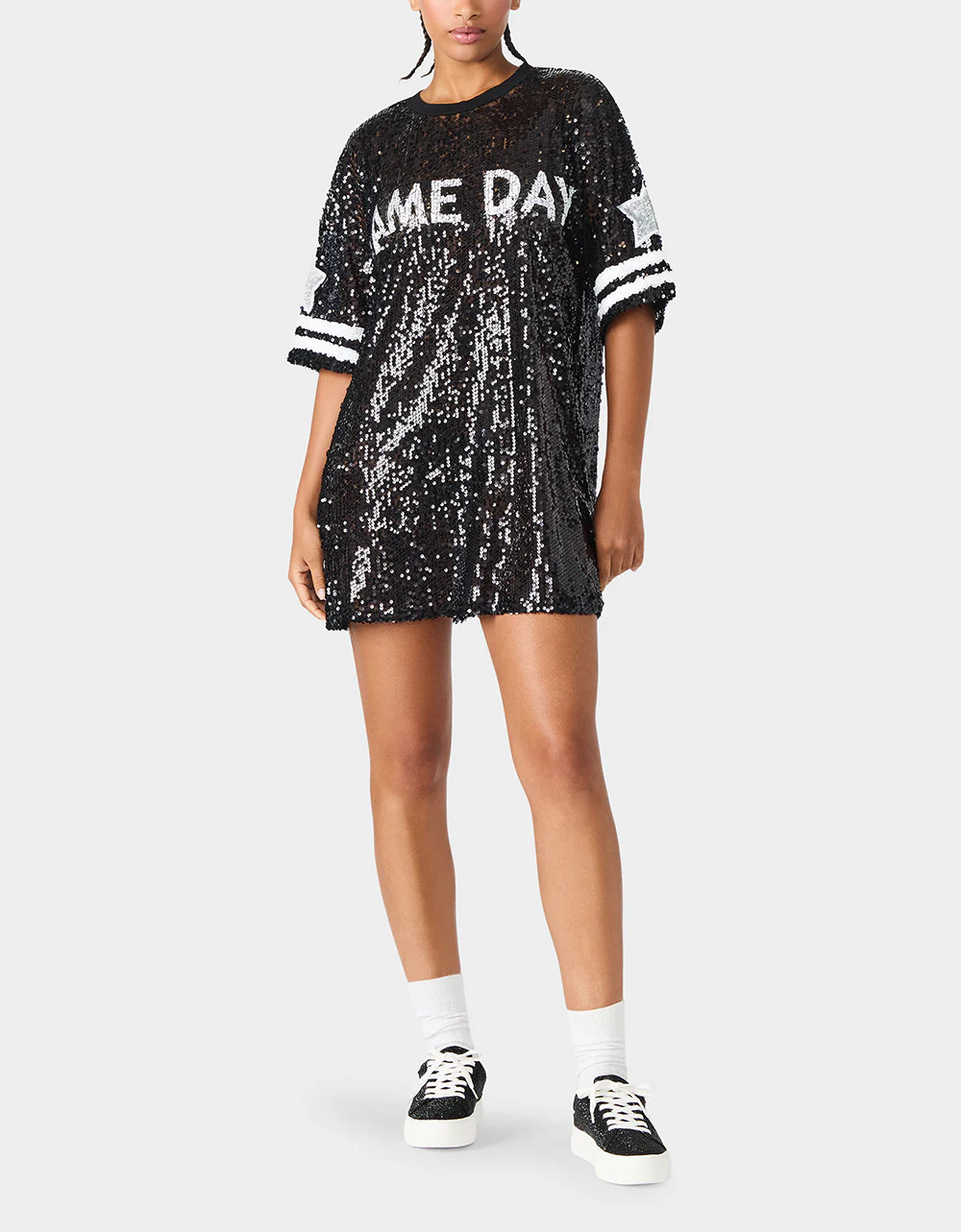 GAME DAY JERSEY SEQUIN DRESS BLACK Women's Sequin Short-Sleeved Dress | Betsey Johnson