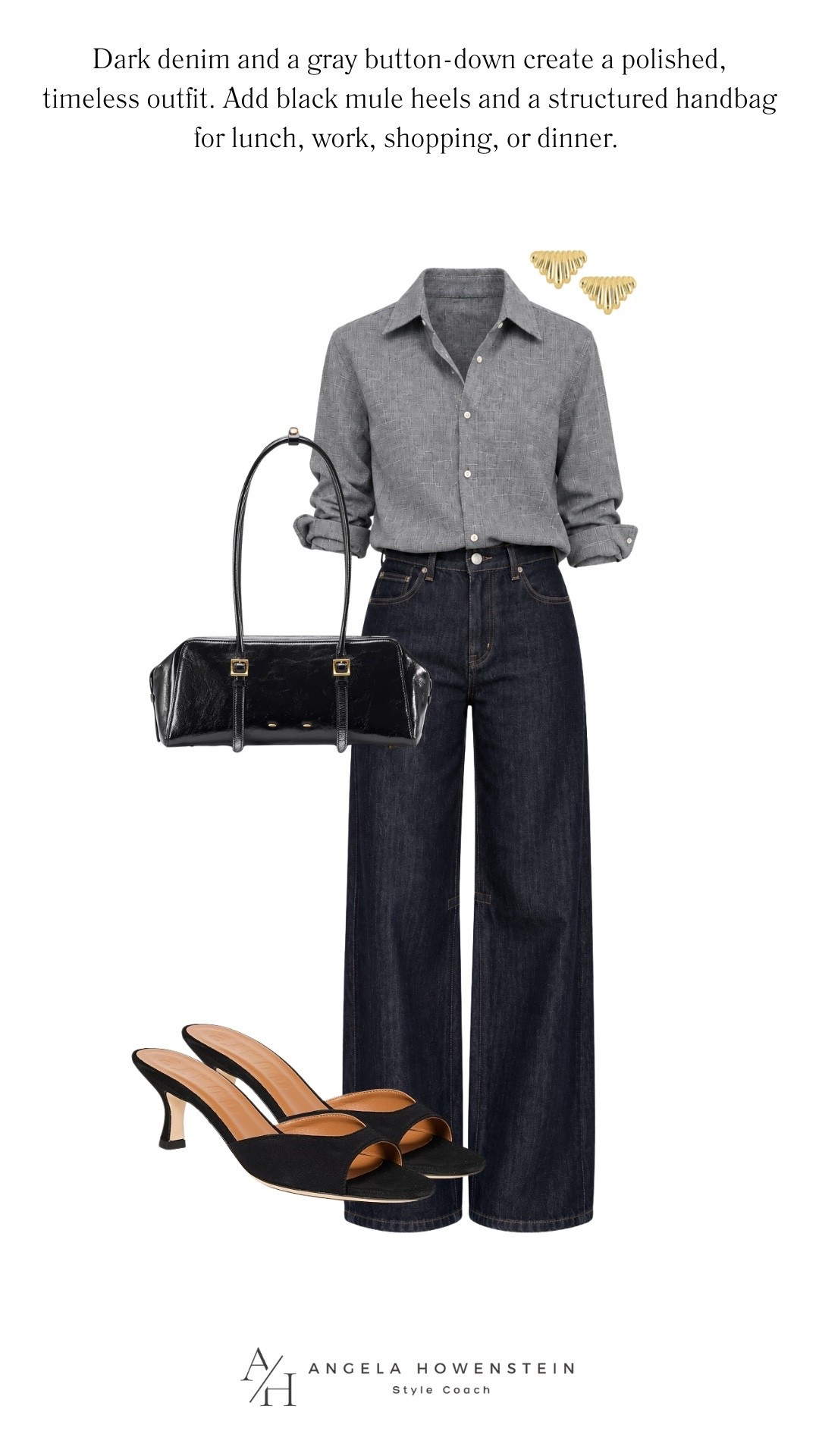 Dark denim, a soft gray button-down, and sleek black accessories make such a polished combination. I love how simple this outfit is, it’s perfect for lunch, work, shopping, or dinner when you want to look put together without overthinking it.

👩‍💻 LTK PRO TIPS
❤️ Heart = Support my posts ;-)
🔖 Save = Get sale & restock alerts for the things you love!
📋 Lists = Keep favorites organized (List ideas: Christmas, Birthdays, and Vacations!)
📲 Share = Send lists and products to a friend (or your daughters like me).
💬 Comment = Ask me anything, and I’ll answer. ;-)

#LTKootd #LTKSeasonal #LTKOver40