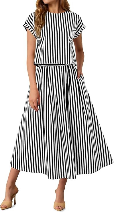 Tankaneo Womens Striped 2 Piece Skirt Sets Summer Cap Sleeve Tops Midi Dress Travel Vacation Outf... | Amazon (US)