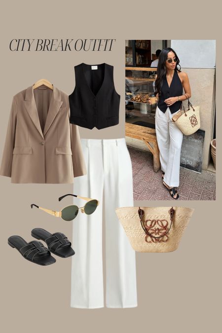 City break outfit, Palma outfit 🤍 

Abercrombie trousers (size 24 short) 
Dune sandals 
Loewe basket bag 
Celine sunglasses 

#LTKeurope #LTKtravel #LTKstyletip