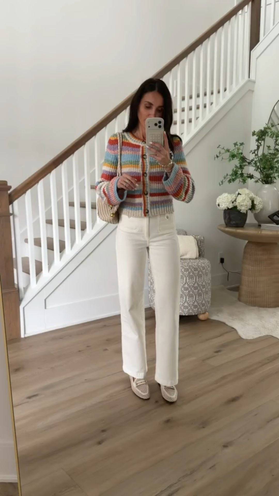 Striped cardigan size xs, white jeans size 25. 

cute spring outfit, cute cardigan, anthropologie outfit ideas, mesh loafers, woven bag, annabrstyle.

#LTKOver40