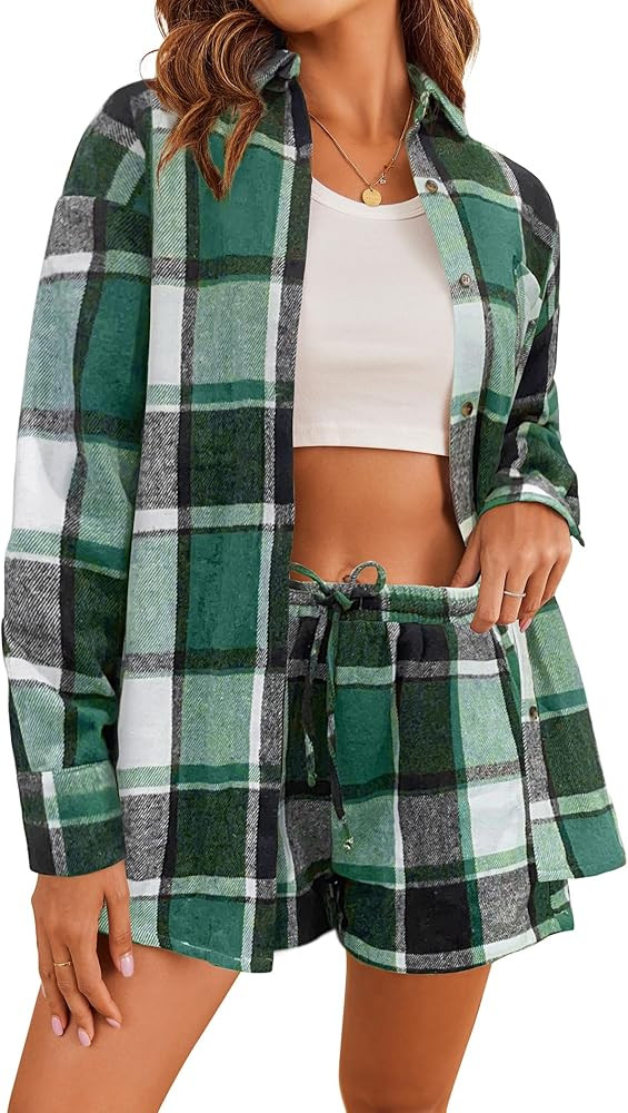 Ekouaer Plaid Pajamas Set for Women Button Down Casual Outfits Long Sleeve Shirts and Shorts Loun... | Amazon (US)
