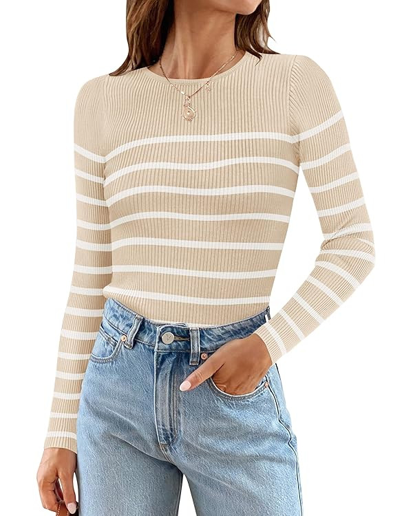 ZESICA Women's Long Sleeve Crewneck Striped Shirts Spring Ribbed Knit Sweater Slim Fitted Casual ... | Amazon (US)
