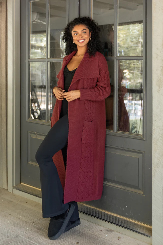 Keegan Burgundy Cable Knit Duster Cardigan | Pink Lily