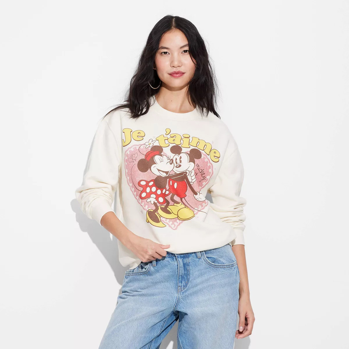 Women's Je t'aime Mickey and Minnie Graphic Sweatshirt - White | Target