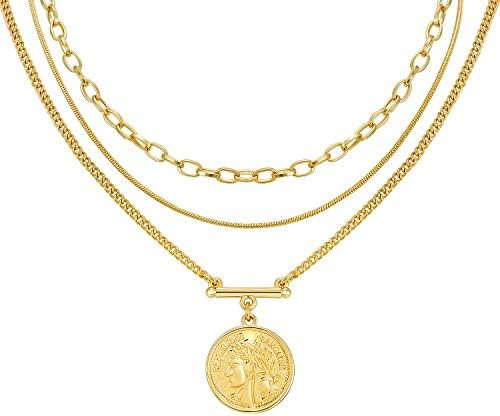 LANE WOODS Gold Plated Necklaces for Women - Multilayer Coin Medallion Pendant Necklace Adjustabl... | Amazon (US)