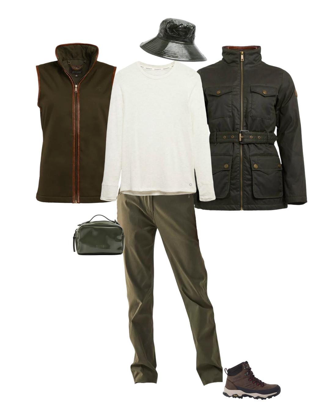 Country living, what to wear for walking Water-resistant walking trousers in olive green, merino wool base layer, fleece gilet, waterproof walking boots, small rubberised bag and in case of rain a waterproof coat and hat. 

 #LTKuk #LTKautumn #LTKover50style