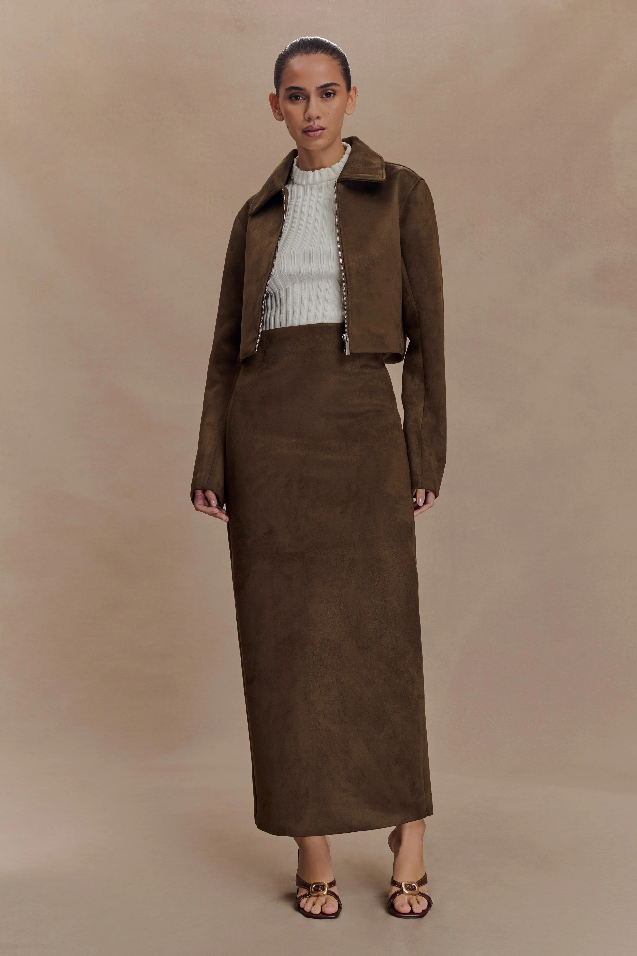 Hayes Faux Suede Midi Skirt - Chocolate | MESHKI US