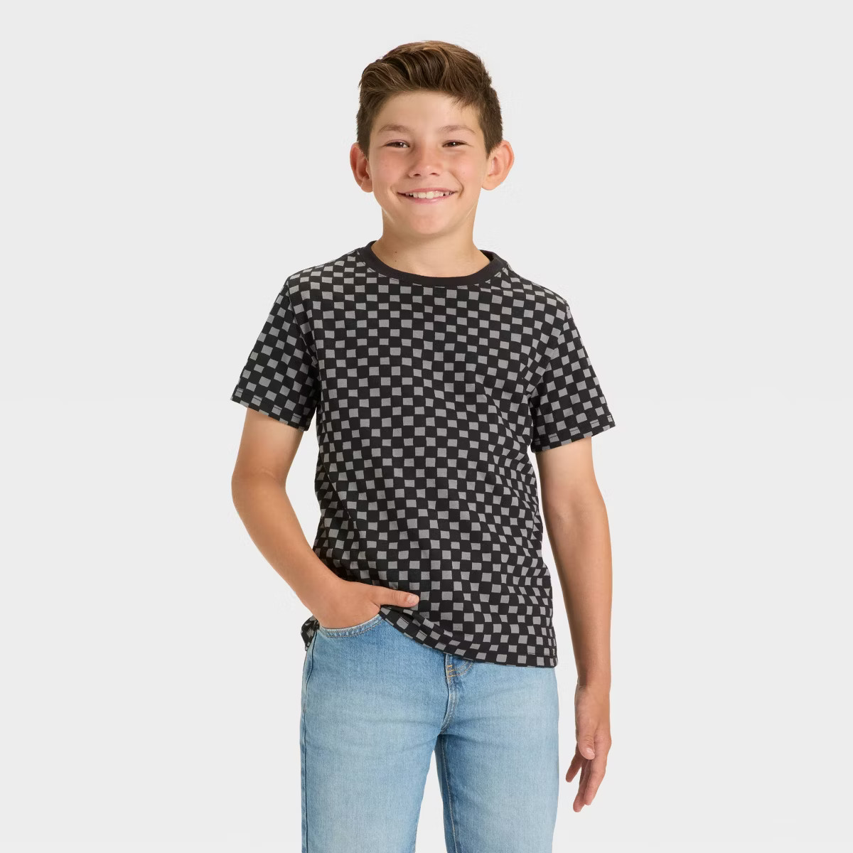 Boys' Short Sleeve Checkered T-Shirt - Cat & Jack™ Charcoal Gray | Target