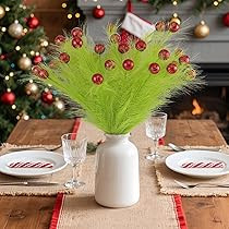 Hananona 30pcs 15" Christmas Picks and Sprays Christmas Tree Filler Green Curly Greenery Stems with Red Ball Xmas Artificial Stems for CraftsTree Decor, Vase Fillers, Home Decorations (30, Green) | Amazon (US)