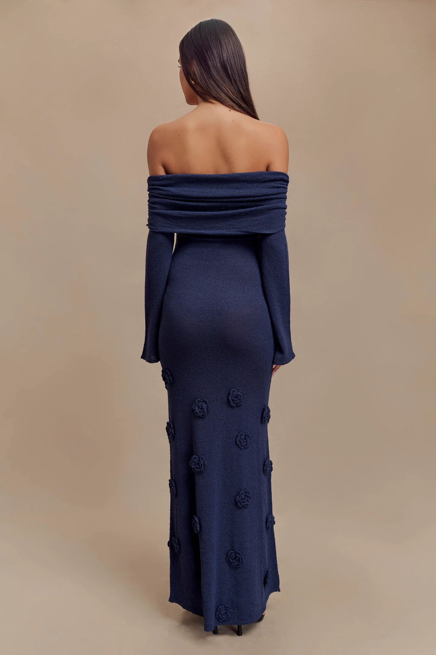 Off Shoulder Knit Rose Maxi Dress - Navy | MESHKI US
