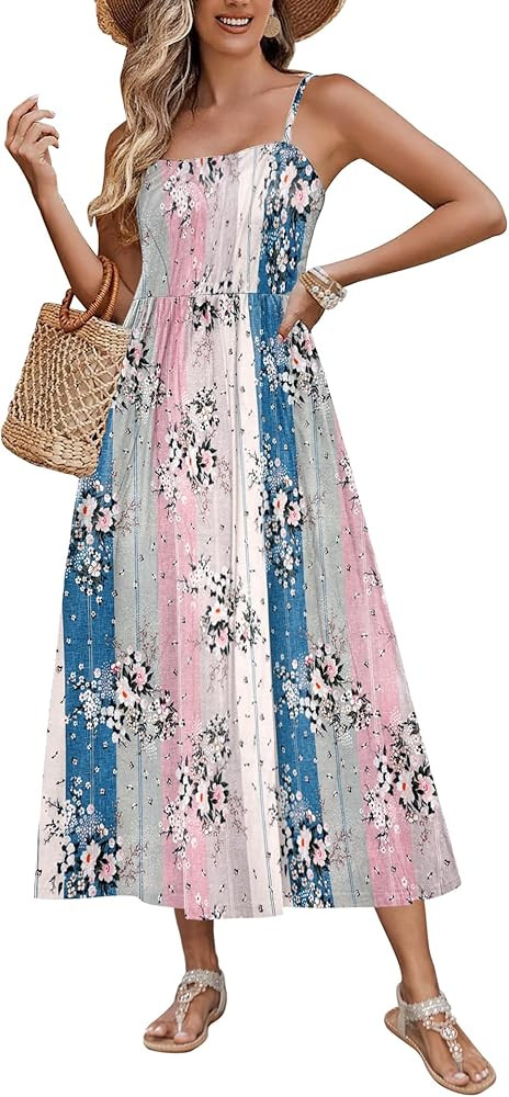 Zeagoo Women's Summer Casual Boho Sundress Spaghetti Strap Square Neck Flowy Midi Dresses A Line ... | Amazon (US)