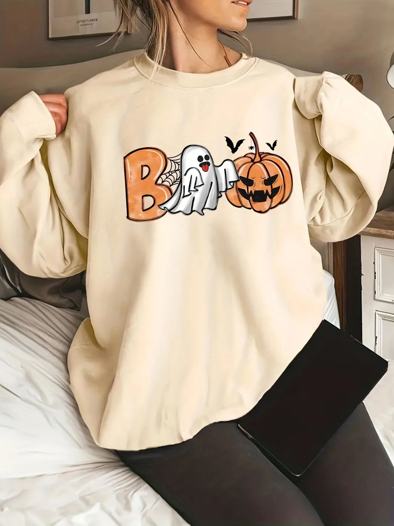 Halloween Pumpkin & Ghost Print Sweatshirt, Casual Drop Shoulder Crew Neck Sweatshirt, Women's Cl... | Temu Affiliate Program