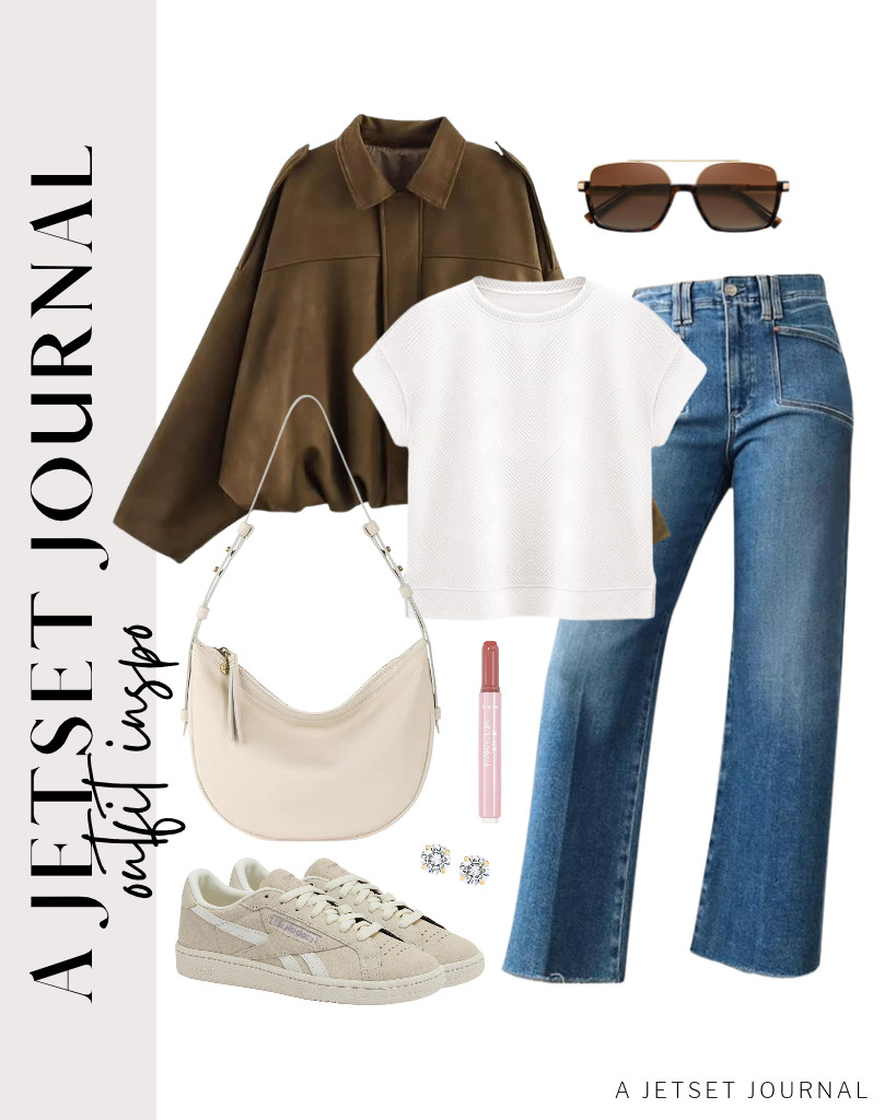 For our next outfit, start by wearing this simple tee and Astylish wide-leg jeans, then layer with a brown Talakeno faux suede bomber jacket. Complement this look with Reebok sneakers and The Sak Tess crescent shoulder bag. Don’t forget to wear these PAVOI stud earrings and apply a bit of tarte Maracuja Juicy Lip Balm Gloss.  

 #LTKSeasonal #LTKSaleAlert #LTKTravel