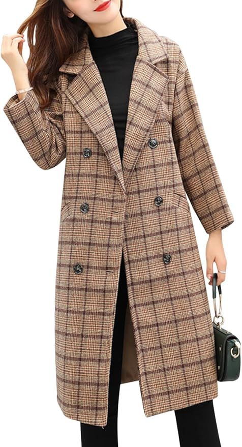Amazon.com: Tanming Women's Double Breasted Long Plaid Wool Blend Pea Coat Outerwear (Large, Khak... | Amazon (US)