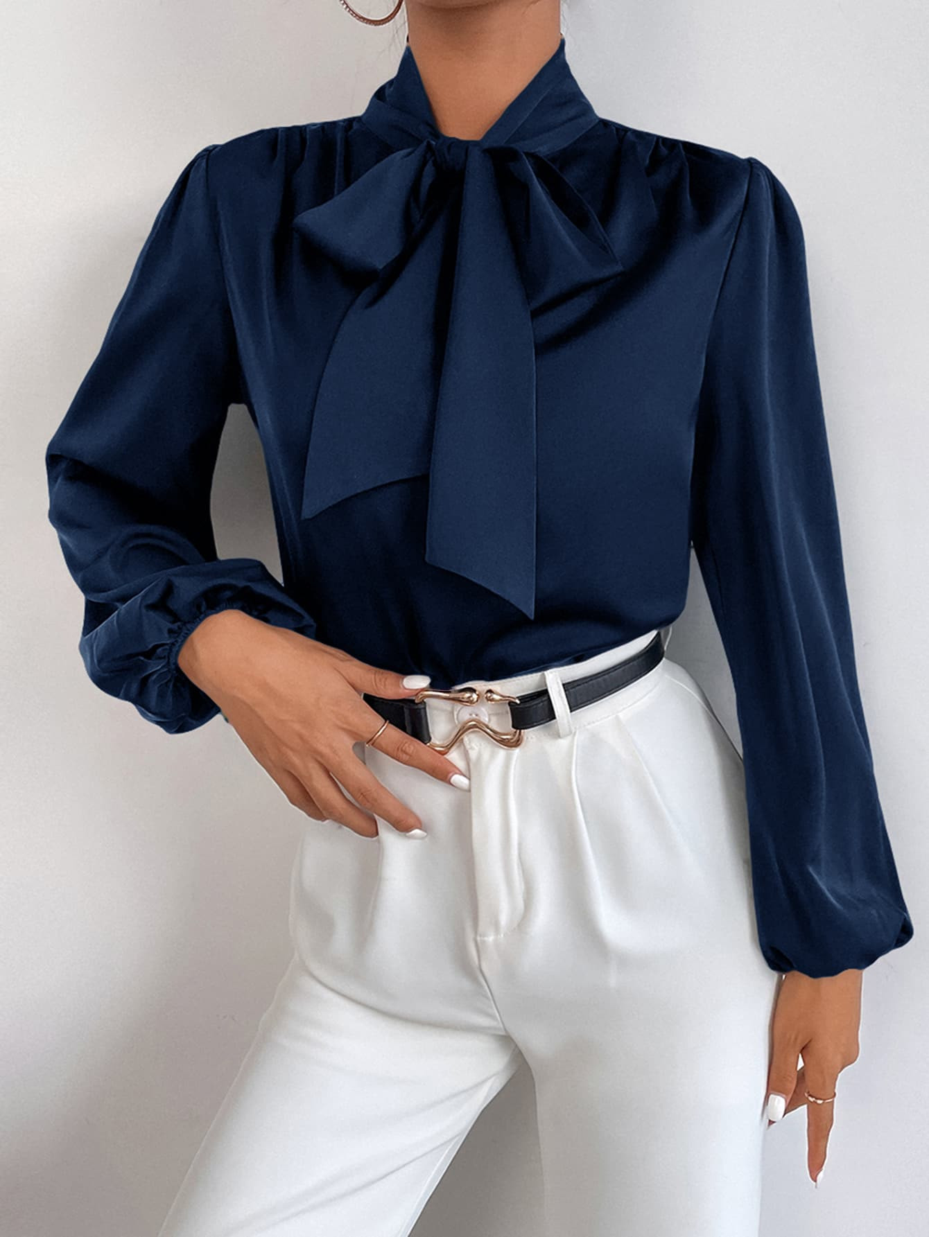 Satin Tie Neck Bishop Sleeve Blouse | SHEIN