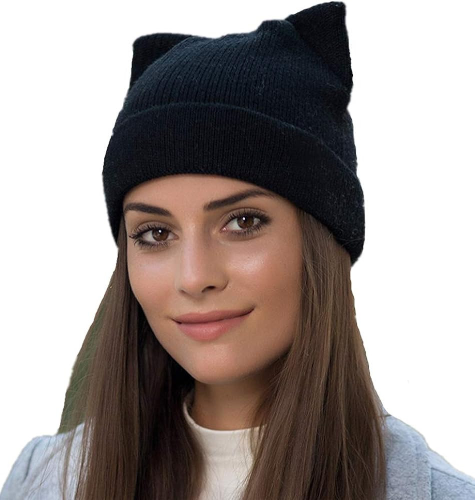 Women Cat Ear Beanie Hat Wool Braided Knit Trendy Winter Warm Cap | Amazon (US)