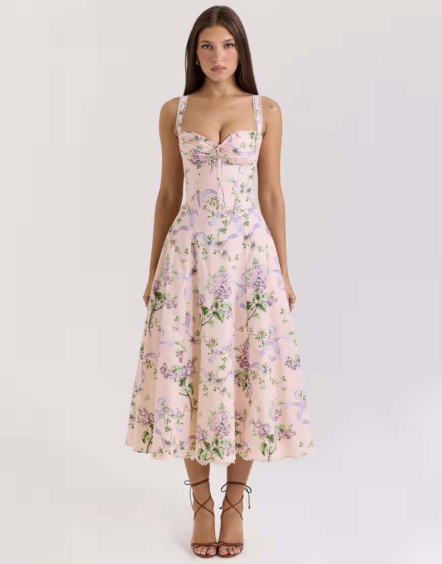 House of CB Rosalee corset midi dress in pink floral | ASOS (Global)