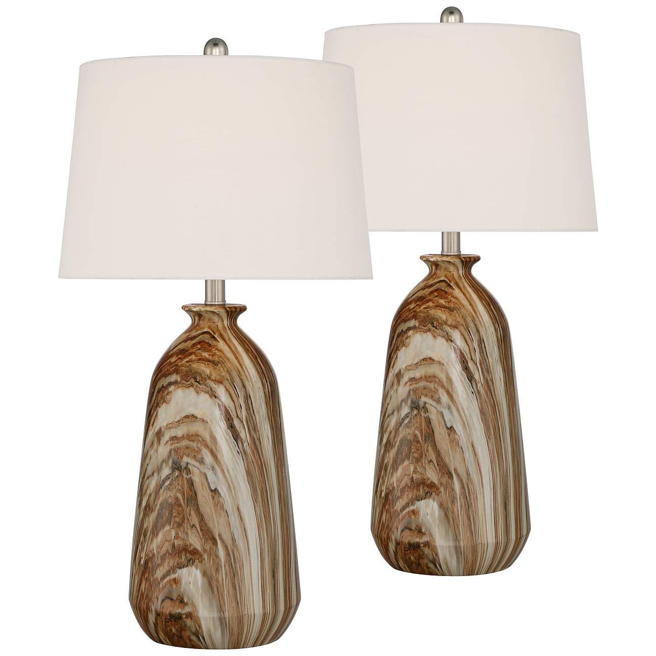 Carlton Brown Faux Marble Table Lamps with White Tapered Shades Set of 2 | Lamps Plus
