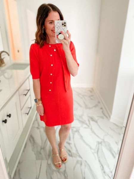 Geranium Red Dress and Cardigan 🍁🌷
Wearing XS in both.  

#LTKFindsUnder50 #LTKOver40 #LTKStyleTip