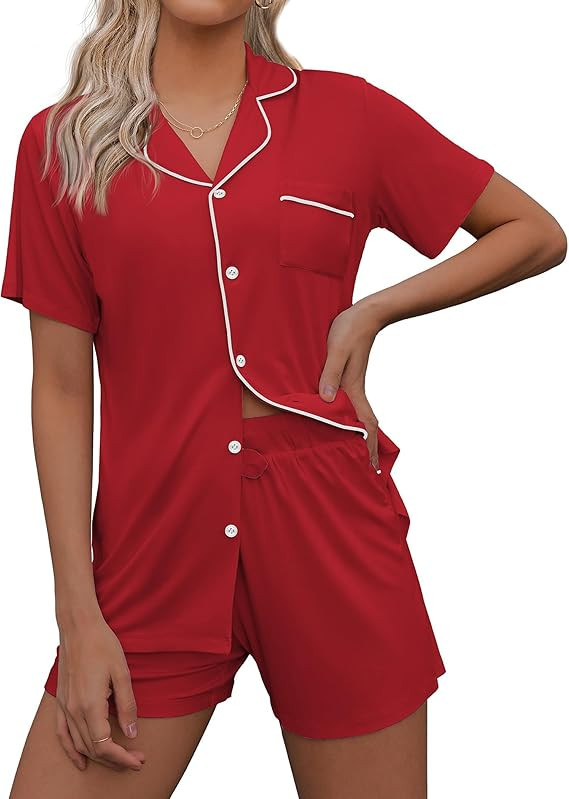 Ekouaer Pajamas Set for Women Short Sleeve Sleepwear Button Down Pjs Soft 2 Piece Lounge Sets | Amazon (US)