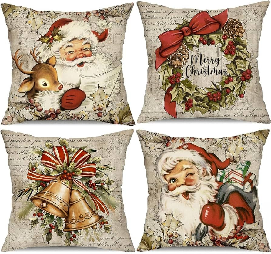 DFXSZ Christmas Pillow Covers 18x18 inch Set of 4 Santa Claus Reindeer Decorative Vintage Throw P... | Amazon (US)