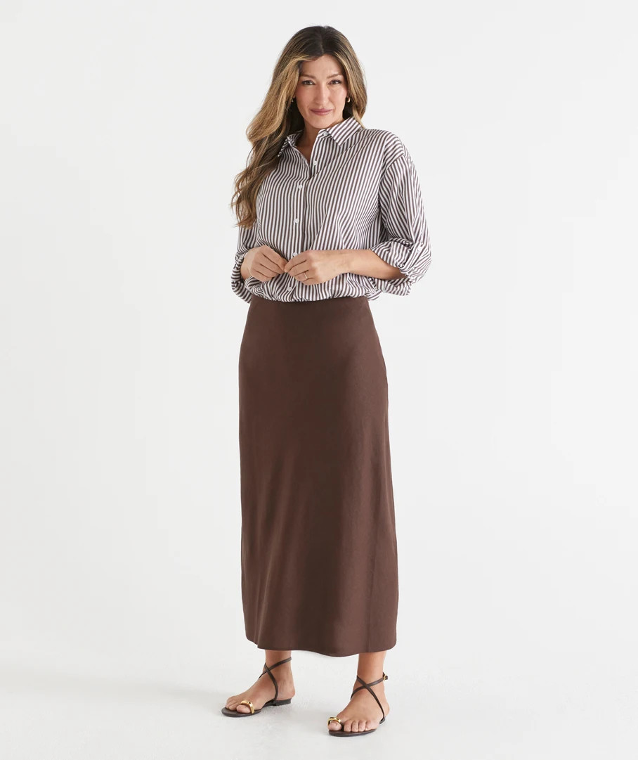 Linen Blend Midi Skirt - Chocolate | Sussan