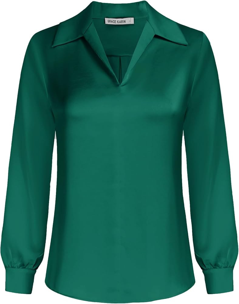 GRACE KARIN Business Casual Tops for Women Satin Silk Blouse Collared V Neck Long Sleeve Work Shi... | Amazon (US)