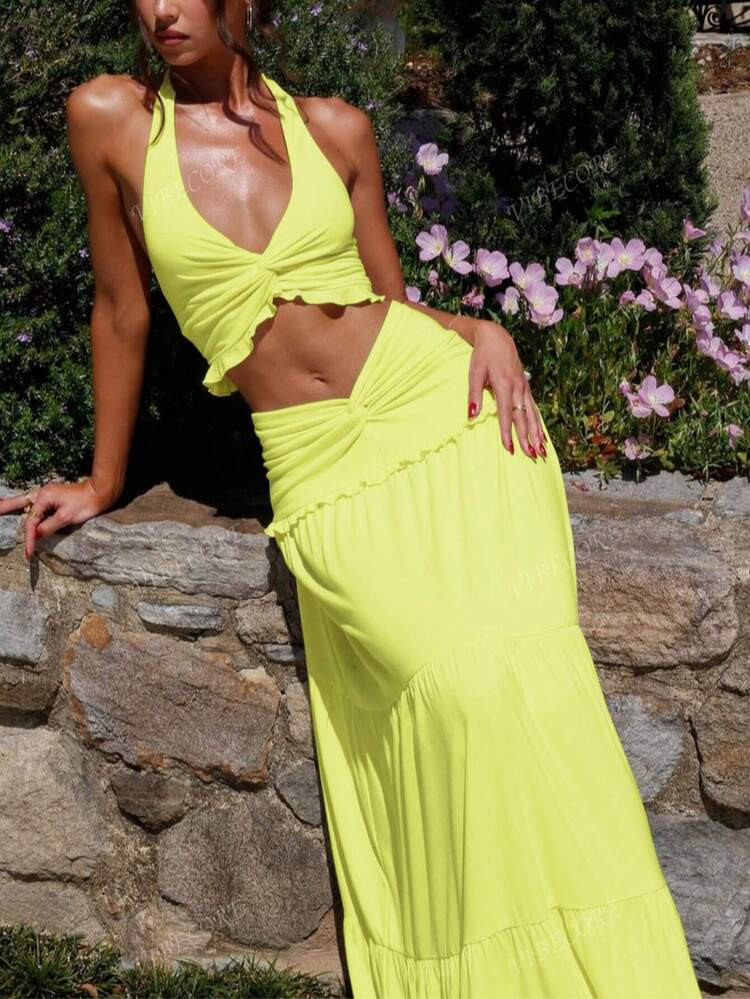 Women Fashion Elelgant Ruched Ruffled Slim Halter Crop Top&Skirt Spring Summer Sexy Party Vacation Holiday Night Out 2 Pieces Sets | SHEIN