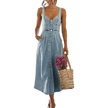 ebossy Stretchy Smocked Denim Dress for Women Sleeveless Babydoll Button Down Midi Long Jean Dres... | Amazon (US)