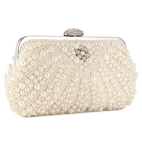 UBORSE Women Pearl Clutch Bag Noble Crystal Beaded Evening Bag Wedding Clutch with Pearl Chain (Cream-coloured) | Amazon (US)