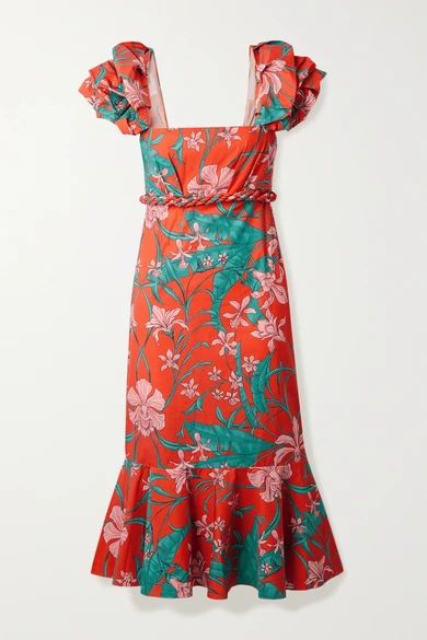 Johanna Ortiz - Ruffled Floral-print Cotton-poplin Midi Dress - Turquoise | NET-A-PORTER (US)