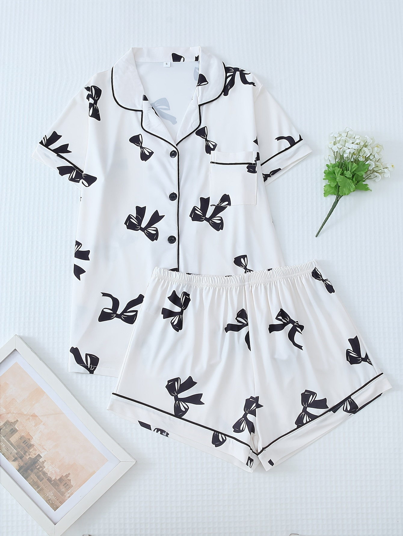 Bow Print Pajama Set Cute Short Sleeve Button Lapel Collar - Temu | Temu Affiliate Program