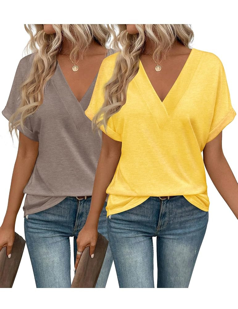 2PCS T Shirts Short Sleeve V Neck Tees Womens Fashion Tops Trendy Soft 2025 Casual Summer Spring ... | Amazon (US)