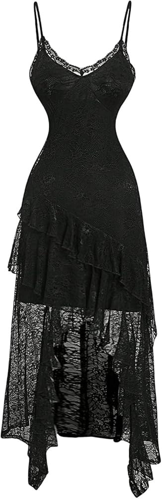 Women's Y2k Lace Cami Dress Layered Ruffle Spaghetti Strap V Neck Asymmetrical Mesh Long Dresses | Amazon (US)