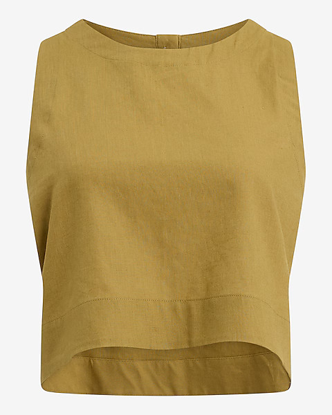 Linen-Blend Crew Neck Button Back Tank | Express