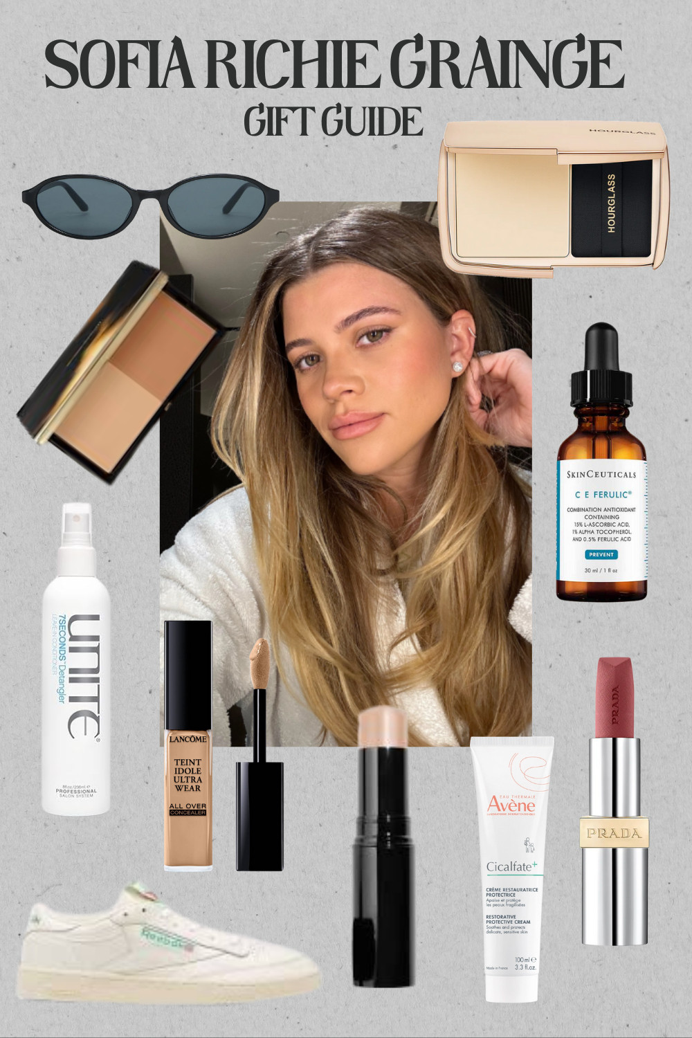 A collage featuring Sofia Richie Grainge inspired beauty products, skincare favorites, soft glam makeup, clean girl essentials, and minimal everyday items seen in her routines. 

 #LTKGiftGuide #LTKHoliday