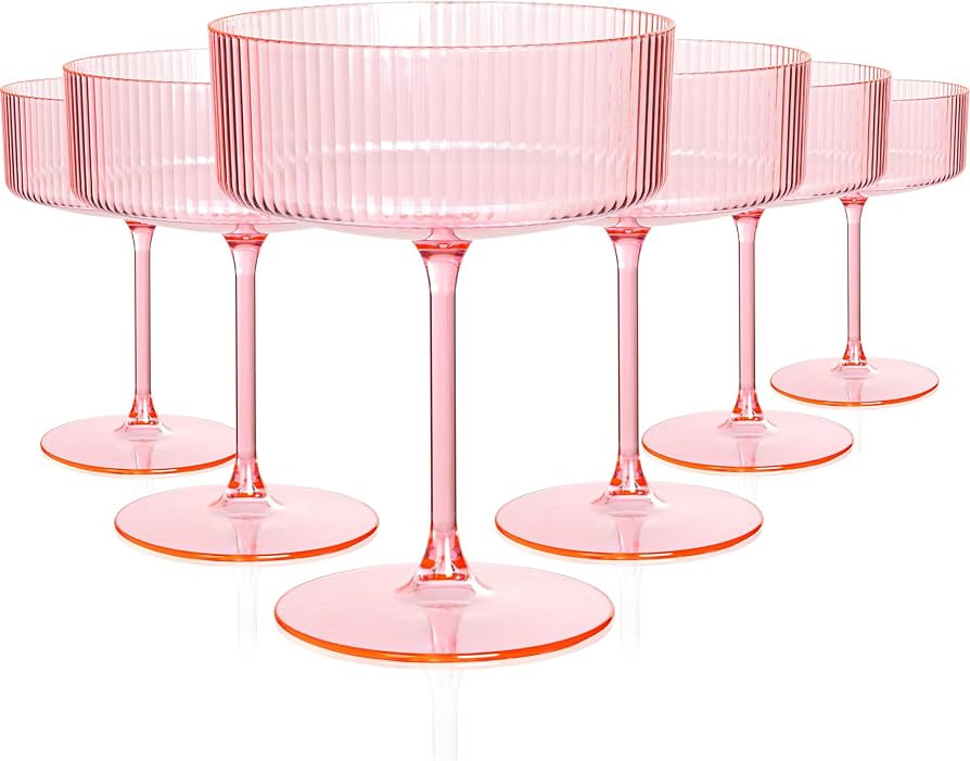 Ciaell 12PCS Plastic Ribbed Martini Glasses - 10 Oz Pink Disposable Coupe Glasses with Stem - Hea... | Amazon (US)