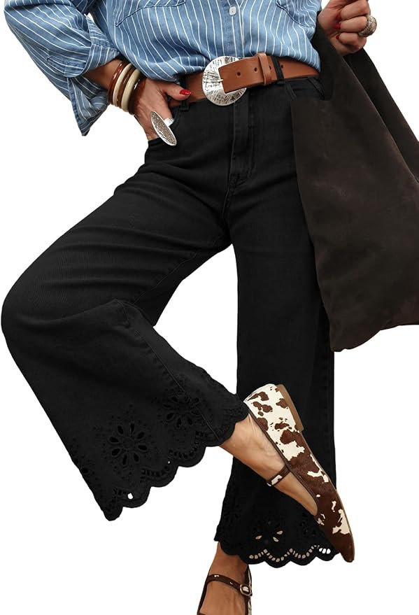 Sidefeel Womens Wide Leg Embroidered Jeans Stretchy Denim Pants | High Waisted Jeans With Pockets... | Amazon (US)